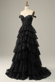 A line Off Shoulder Black Lace Long Prom Dress With High Slit HZ1022