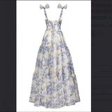 Sexy A line Long Blue Floral Prom Dress Blue and White Party Dresses HZ1022