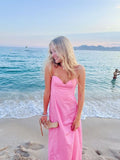 Simple A line Straps Long Pink Prom Dress Party Dresses HZ1022