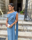 Simple Sheath One Shoulder Blue Long Prom Dresses Evening Dress HZ1022