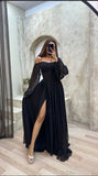 A line Off The Shoulder Long Black Slit Prom Dress 21th Birthday Outfits HZ1022