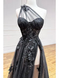 One Shoulder Black Lace Floral Long Prom Dresses with High Slit 21th Birthday Outfits HZ1022