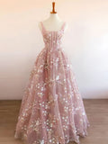 Modest A line Square Neckline Sleeveless Pink Floral Lace Floor Length Prom Dresses HZ1022