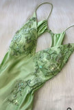 Beautiful A Line Spaghetti Straps Green Long Prom Dresses Backless Satin Evening Gowns HZ1022