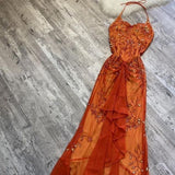 Beautiful A line Spaghetti Straps Orange Chiffon Prom Dress With Beads HZ1022