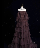 Chic Ball Gown Off The Shoulder Long Sleeves Evening Dress Tulle Long Prom Dresses HZ1022