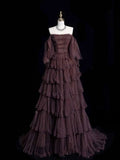 Chic Ball Gown Off The Shoulder Long Sleeves Evening Dress Tulle Long Prom Dresses HZ1022