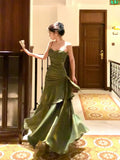 Pretty Mermaid Spaghetti Straps Olive Green Long Prom Dresses Evening Gowns HZ1022