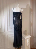 Chic Sheath Spaghetti Straps Black Evening Dress Long Prom Dresses HZ1022