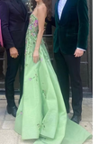Pretty Sheath Strapless Green Floor Length Evening Dress Organza Prom Dresses With Embroidered HZ1022