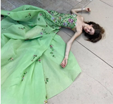 Pretty Sheath Strapless Green Floor Length Evening Dress Organza Prom Dresses With Embroidered HZ1022