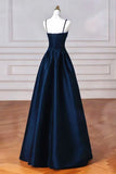 A-line Navy Blue Satin Straps Long Formal Dress Navy Blue Prom Dress HZ1022