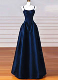 A-line Navy Blue Satin Straps Long Formal Dress Navy Blue Prom Dress HZ1022