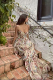 Vintage A Line Spaghetti Straps Floral Chiffon Long Evening Dress Prom Dresses Birthday Outfits HZ1024