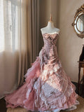 Beautiful Pink Rose Slim Skirt Pleated French Lace Mermaid Wedding Dress HZ1022