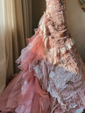 Beautiful Pink Rose Slim Skirt Pleated French Lace Mermaid Wedding Dress HZ1022