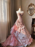 Beautiful Pink Rose Slim Skirt Pleated French Lace Mermaid Wedding Dress HZ1022