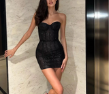 Black tight design hip-hugging glitter off-the-shoulder mini homecoming dress HZ1022