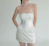 Heavy Industry Bow Pearl Fishbone Halter Neck White Birthday Party Homecoming Dress HZ1022