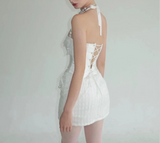 Heavy Industry Bow Pearl Fishbone Halter Neck White Birthday Party Homecoming Dress HZ1022