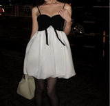 Black and white contrast bow tube top flower bud sling homecoming dress HZ1022