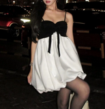 Black and white contrast bow tube top flower bud sling homecoming dress HZ1022
