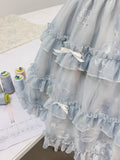 Girls blue square neck small print three-dimensional bow sweet homecoming dress HZ1022