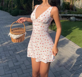 Cute Cherry Print V-Neck Sleeveless A-Line Birthday Party Homecoming Dress HZ1022