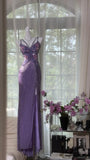 Vintage Purple Strap Chiffon Halter Back High Slit Beaded Evening Gown Prom Dress HZ1022