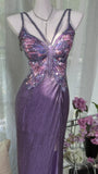 Vintage Purple Strap Chiffon Halter Back High Slit Beaded Evening Gown Prom Dress HZ1022