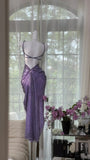 Vintage Purple Strap Chiffon Halter Back High Slit Beaded Evening Gown Prom Dress HZ1022