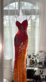 Vintage Orange Chiffon Strap Mermaid Beaded Evening Gown Prom Dress HZ1022