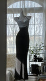 Sexy Halter Neck Backless Beaded Chiffon Black Mermaid Evening Gown Prom Dress HZ1022