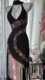 Vintage Black Pink Diamond Halter Neck Chiffon Mermaid Evening Gown Prom Dress HZ1022