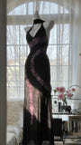 Vintage Black Pink Diamond Halter Neck Chiffon Mermaid Evening Gown Prom Dress HZ1022