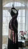 Vintage Black Pink Diamond Halter Neck Chiffon Mermaid Evening Gown Prom Dress HZ1022