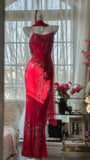 Shiny Beaded Red Mermaid Chiffon Evening Gown Prom Dress HZ1022