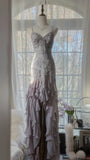 Charming Purple Beaded Short Front And Long Back Ruffled Chiffon Skirt Prom Dress HZ1022