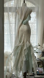 Beautiful Light Blue V-neck Ruffled Beaded Chiffon Mermaid Long Prom Dress HZ1022