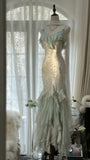 Beautiful Light Blue V-neck Ruffled Beaded Chiffon Mermaid Long Prom Dress HZ1022