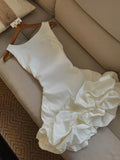 Cute White Sleeveless Satin Floral Skirt Homecoming Dress HZ1022