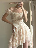 Pretty Pink Floral Chiffon Off-the-shoulder Irregular Hem Homecoming Dress HZ1022