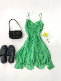 Beautiful Green Spaghetti Strap Pleated Chiffon Irregular Homecoming Dress HZ1022