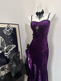 Charming Purple Velvet Spaghetti Strap Irregular Mermaid Prom Dress HZ1022