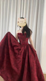 Beautiful Burgundy Tube Top Three-dimensional Rose Lace A-line Prom Dress HZ1022