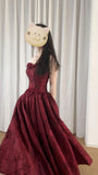 Beautiful Burgundy Tube Top Three-dimensional Rose Lace A-line Prom Dress HZ1022