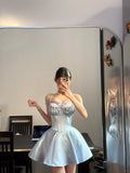 Sweet Light Blue Shoulder Strap Satin A-line Mini Birthday Party Homecoming Dress HZ1022