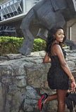 Elegant Black Square Neck Straps Floral 17th Birthday Homecoming Dress HZ1022