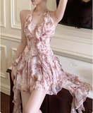 Pretty Pink Floral Halter Neck Chiffon Ruffle 17th Birthday Homecoming Dress HZ1022