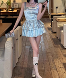 Blue Cake Skirt Short Square Neck Satin 17th Birthday Homecoming Dress HZ1022